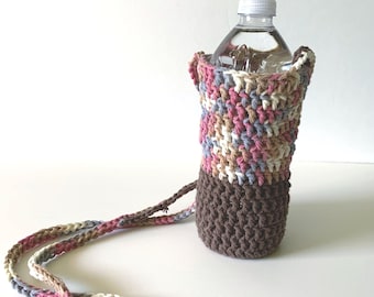 Water bottle holder with strap, water bottle bag, cotton crocheted bottle holder, hands-free water bottle carrier, bottle cozy, hiker gift