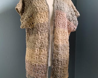 Crocheted Cotton Blend Vest: Open-Weave Shell Stitch Cardigan, Boho Beach Cover-Up