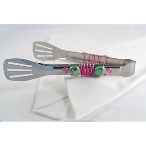 Outdoor entertaining accessory, long beaded serving tongs, serving tongs for your bbq, beaded serving pieces, decorative table decor,