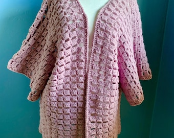 Dusty Lavender Crochet Cardigan, Open Weave Block Stitch Vest, Acrylic Summer Sweater