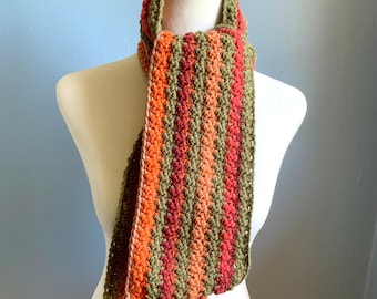 Harvest Mens scarf, autumn long scarf, earth tone striped scarf, lightweight knit scarf, textured scarf, green and rust stripes.