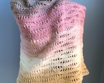 Open weave wrap, knit shawl, lightweight wrap, church wrap, boho shawl, plus size wrap, hand crocheted wrap, waves pattern shawl, lap afghan