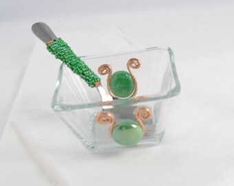 Condiment dish with beaded spoon, small candy dish with utensil, olive bowl for the Bar, small green dip set, inexpensive gift idea