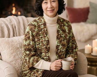 Fall colors transitional sweater, Grandma's Rebel Cardigan, Cropped Granny Hexagon Sweater, shades of green gift idea.