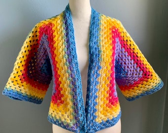 Boho Rainbow Hexagon Cardigan, Cropped Granny Stitch Sweater, Handmade Bell Sleeve Top, Colorful Festival Wear, M/L