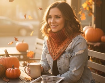 Handmade Pumpkin Spice Crocheted Turtleneck Cowl, Rolled Collar Neck Warmer