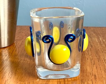 Beaded glass shot glass, toothpick holder, square glass  pick holder, colorful bar essential