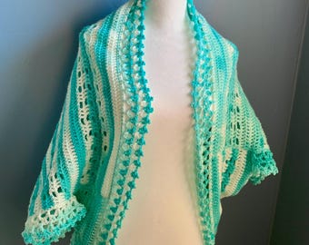 Ocean Mist Crocheted Cocoon Wrap Sweater: Turquoise Stripe Boho Cardigan