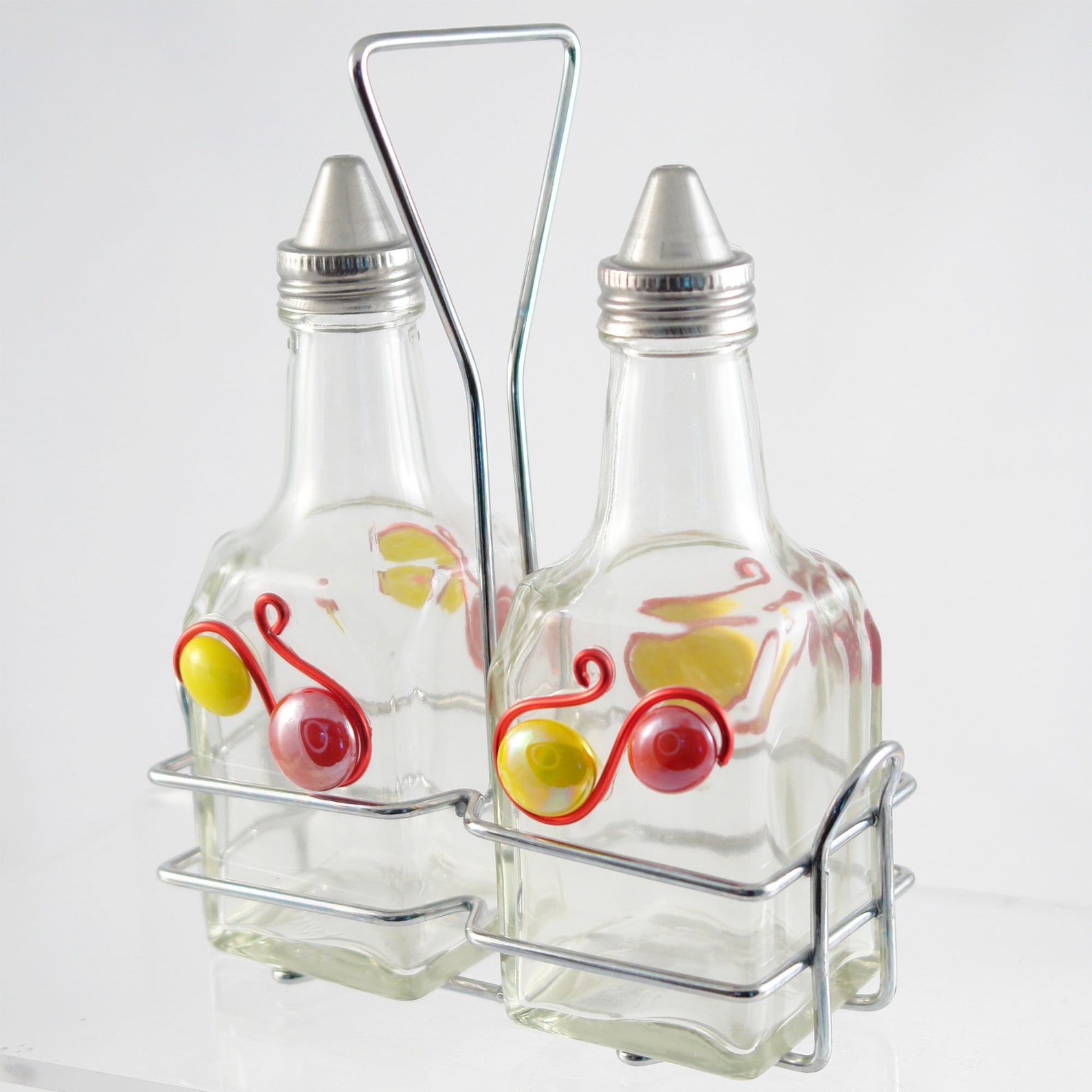 Salad Dressing Set, Cruet Set With Caddy, Cruet Bottles, Beaded Cruets