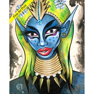 May include: Fine art print depicting a blue-skinned figure with long, pointed ears and green hair. The figure is adorned with a jeweled headdress and a gold collar. The image includes the text "Fine Art Print" in a yellow banner.