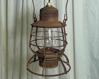 Antique Railroad Lantern Hanging Electric Light, P & R RY Philadelphia and Reading Railroad