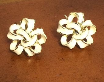 Vintage Coro, Silver Tone, White Enamel, Floral, Clip-on Earrings, 1950's