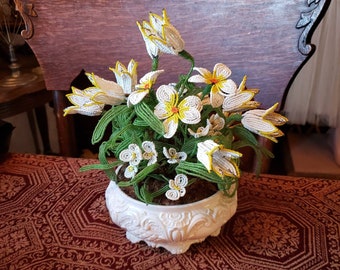 Glass Bead Flowers in Ceramic Planter, Made in Italy