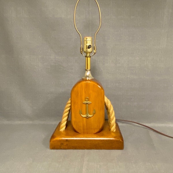 Vintage Nautical Wooden Block & Tackle Pulley Table Lamp, Beach House