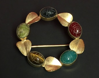 Scarab Beetle Pin, Ojar Gold Filled Leaf and Scarab Brooch