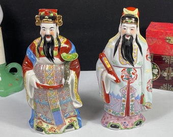 Pair of Two Chinese Sanxing, Fu and Lu, Porcelain Figurines