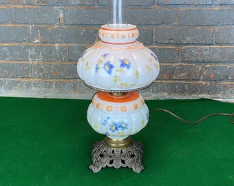 A Beautiful Vintage Victorian Hurricane Table Lamp, Electrified Hand Painted Oil Lamp, Blue Floral