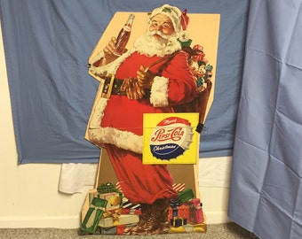 Very Large 50" Tall, Vintage 1950's Santa Pepsi Lithograph Store Advertisement