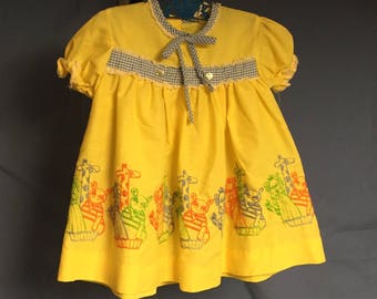 Vintage Yellow Baby Dress from Sears, Yellow Dress with Stitched Animals and Gingham Trim