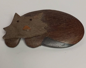 Wooden Cat Brooch, Handmade Cat Pin, Two Tone Wood Pin