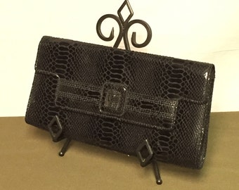 Black, Faux Alligator, Envelope Clutch, Fold Over Clutch, Cross-body