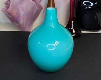 Cased Glass Vase, Turquoise Blue Art Glass Bud Vase