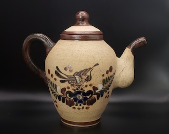 Netzi Mexico Pottery Teapot, Hand Painted Sandstone Pottery, Folk Art, Tonala Pottery