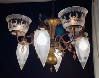 Outstanding Early 1900's 8 Arm Brass Chandelier Gas Electric Converted, Bullet Shades, Refurbished