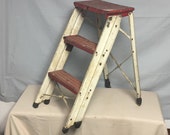 Old Red and White Metal Stepladder Stool, 24 quot Folding Rusting Step Stool Ladder, Plant Stand, Display Ladder, Distressed Shabby Paint