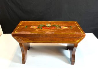 Handcrafted Solid Wood Folk Art Stepstool: Floral, 1970's