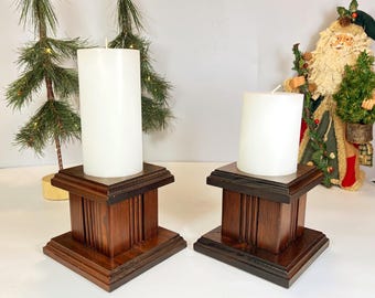 Handmade, Square, Wooden, Pillar Candle Holders, With Candles, Pair of 2