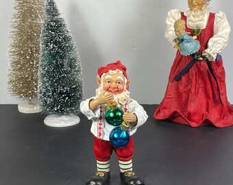 Kurt S. Adler Santa's Helper Elf 3/A, Fabric Mache Elf Holding 2 Ball Ornaments, 1988