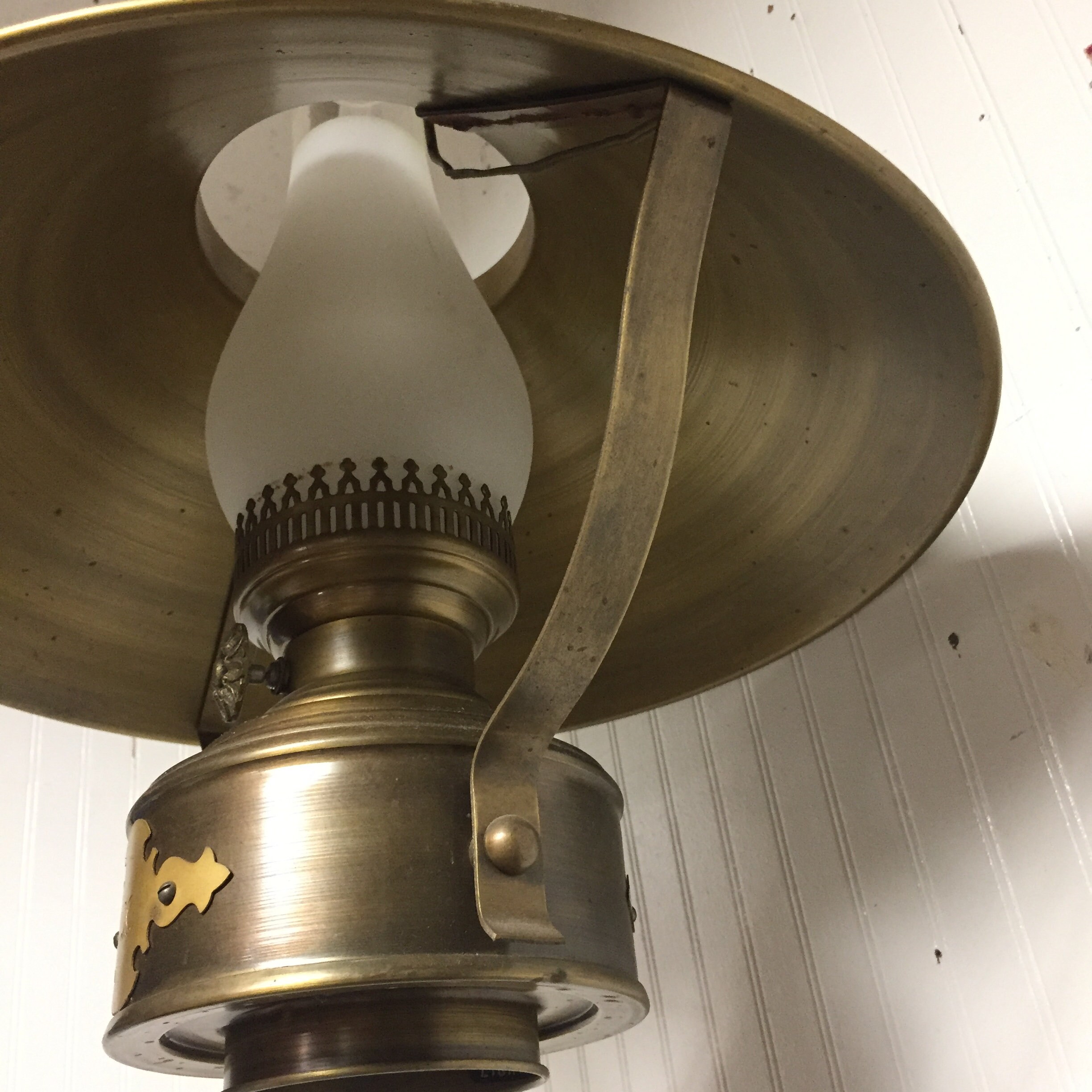 Mid Century Lightolier Brass Tone Hanging Electric Hurricane Light with Night Light, Kitchen