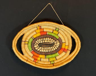 Straw Coil Wall Basket with Handles, Tribal Folk Art