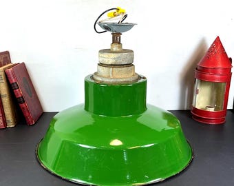 1940's Killark 16" Industrial Green Enamel Pendant Light, NEW WIRING, Gas Station Light