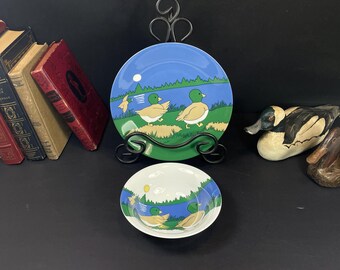 Porcelain Child's Plate and Bowl with Ducks, Matthew Mallard, "Boundry Waters", Made in West Germany