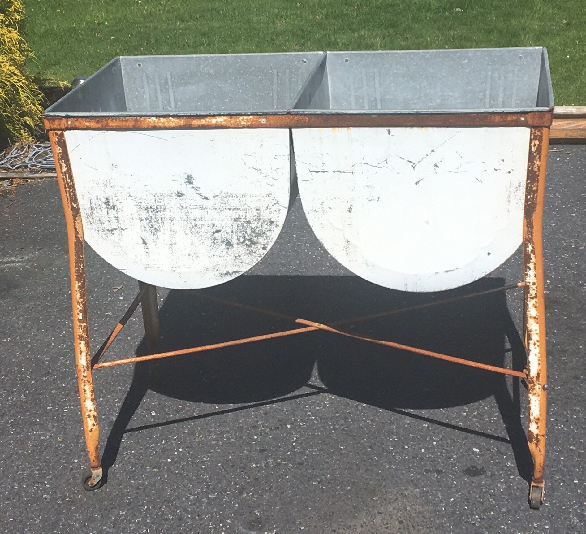 Vintage Galvanized Double Wash Tubs with Stand, Mid Century, Rustic