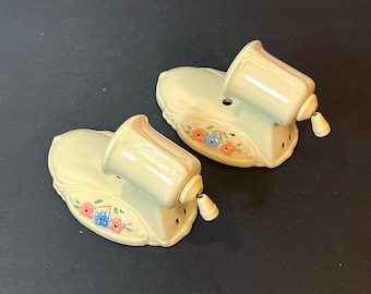 1930's Porcelier Art Deco Ceramic Sconces, Hand Painted Floral Vanity Lights