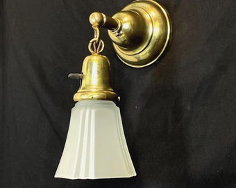 Antique, 1930's Brass Electric Wall Sconce with Frosted Art Deco Shade