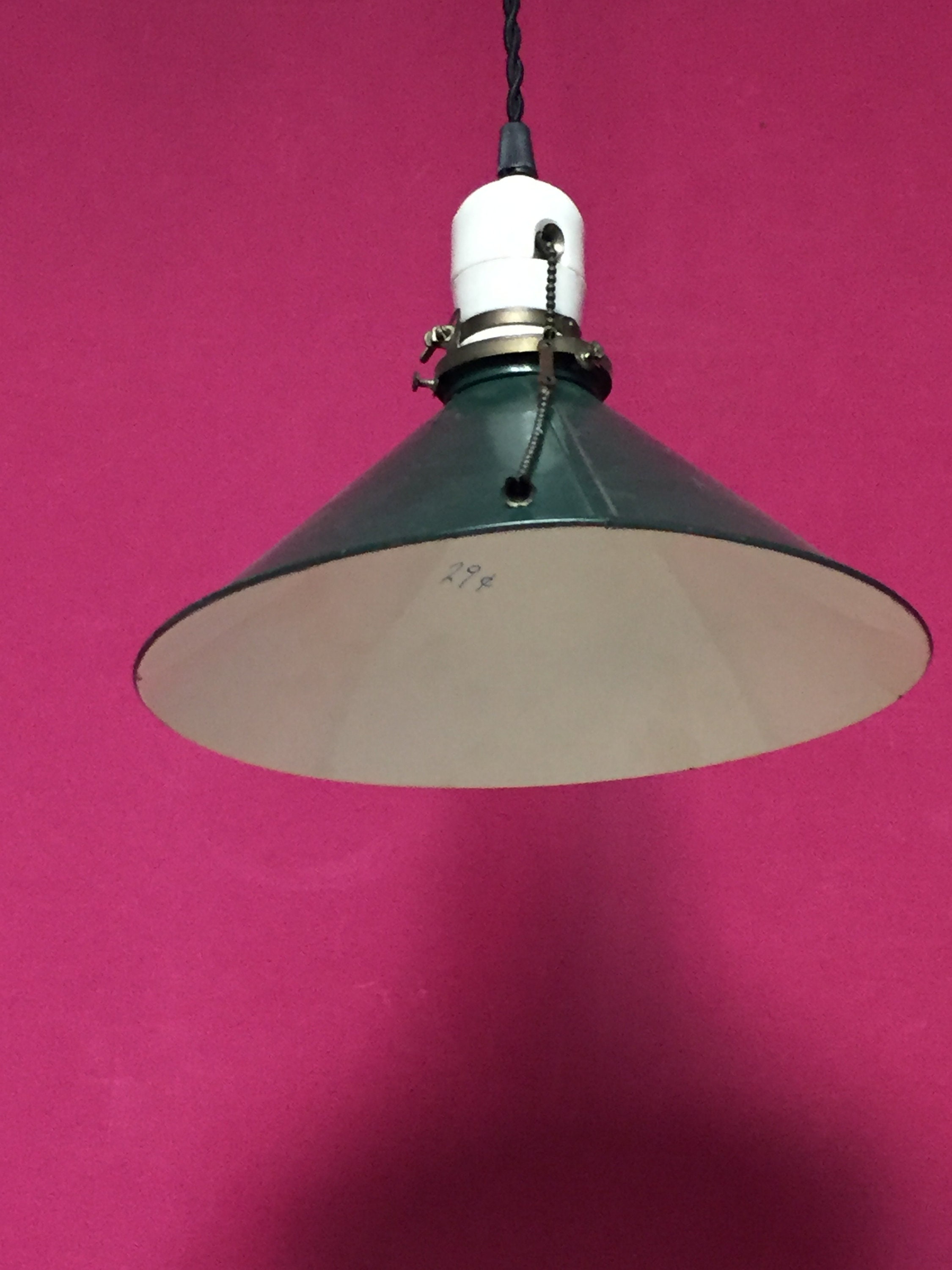 Old Industrial Green Metal Pendant Barn Light Fixture with Porcelain