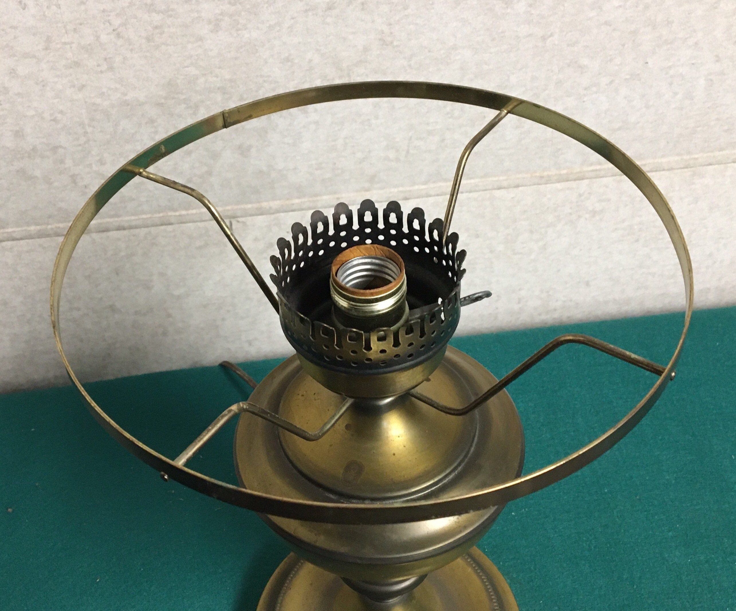 Vintage Brass Tone Oil Style Electric Hurricane Lamp with Hand Painted Floral Glass Shade