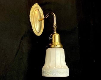 1930's Brass Electric Wall Sconce w/ Embossed Reverse Painted Glass Shade, Victorian, Art Nouveau