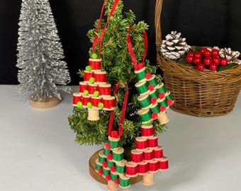 Set of Four (4) Mini Thread Spool Christmas Trees, Handcrafted Tree Ornaments