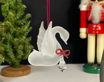 Satin Glass Swan with Red Bow and Bell Ornament, Hand Blown Glass