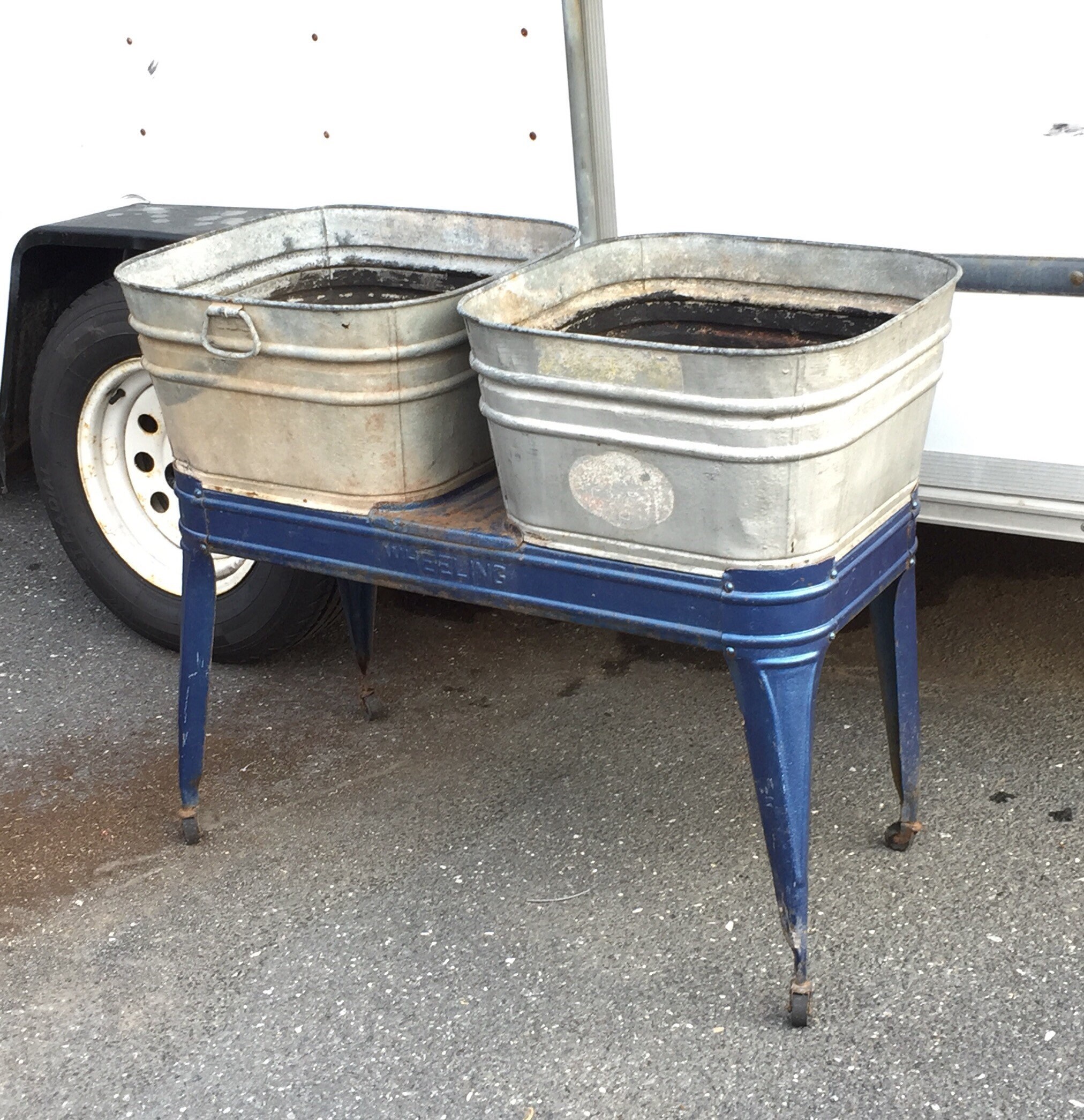Vintage WHEELER Galvanized Double Wash Tubs with Stand, Mid Century