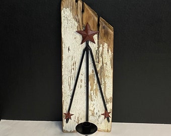 Handmade Salvaged Barn Wood and Metal Star Candle Sconce,  Chipped Paint Primitive Red Star Candle Holder