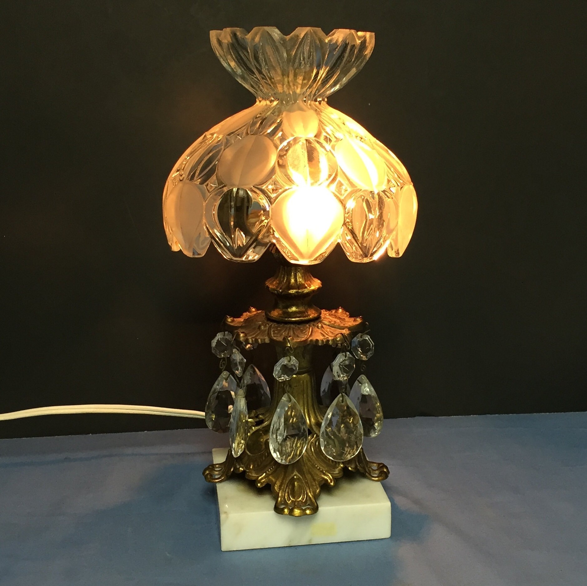 Petite Brass Boudoir Lamp with Crystal Prisms and Marble Base, Small