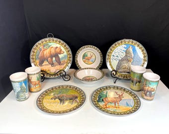 Melamine 12 Piece Dish Set, National Wildlife Federation, Bear, Deer, Wolf and Moose