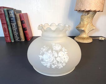Vintage Floral Frosted Glass Hurricane Lamp Shade w/ Ruffled Top: 7" Fitter Ring