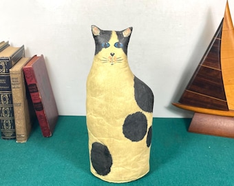 Folk Art Stuffed and Painted Oilcloth Cat, 12" tall Primitive Cat Decor